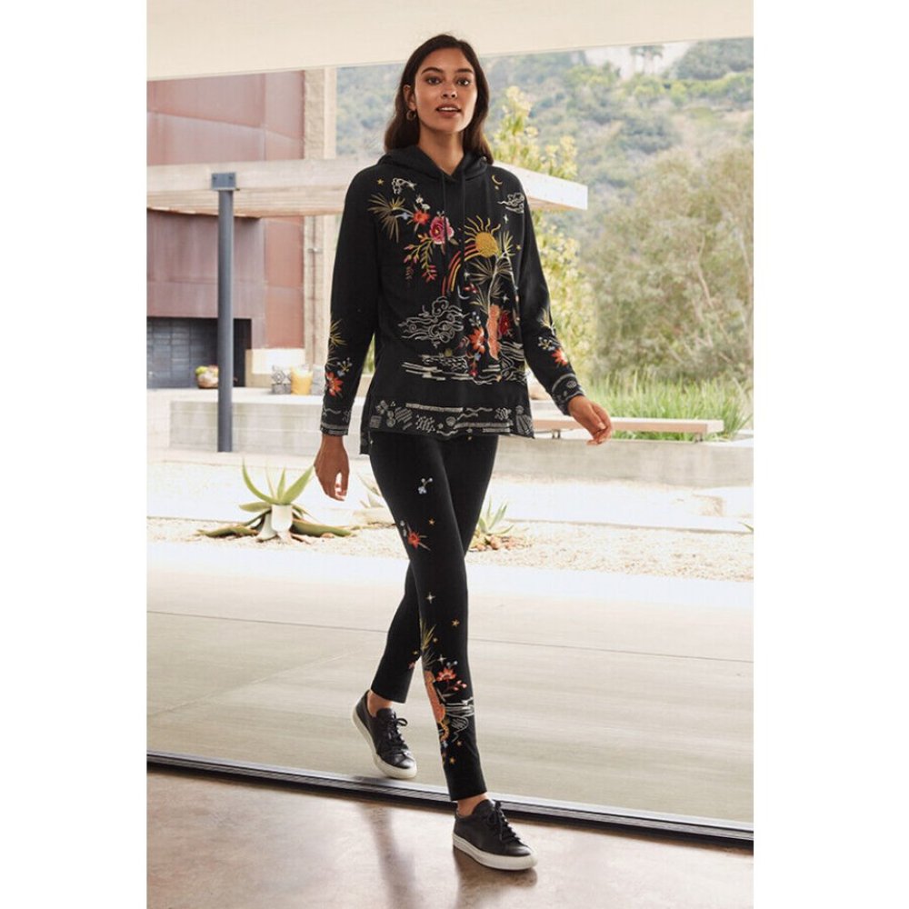 Johnny Was Keone Velvet Leggings Pant Floral Embroidery Legging Black Pants NEW